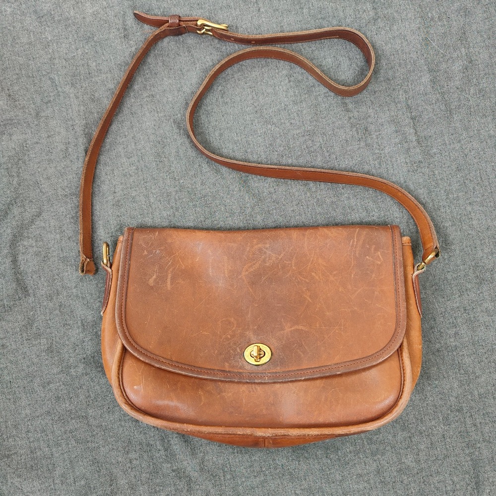 Vintage 90s Coach City Bag Women Medium Tan Leather Turnlock Crossbody AS IS - Picture 2 of 13
